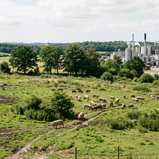 AI billede af grise på græs ved siden af et slagteri