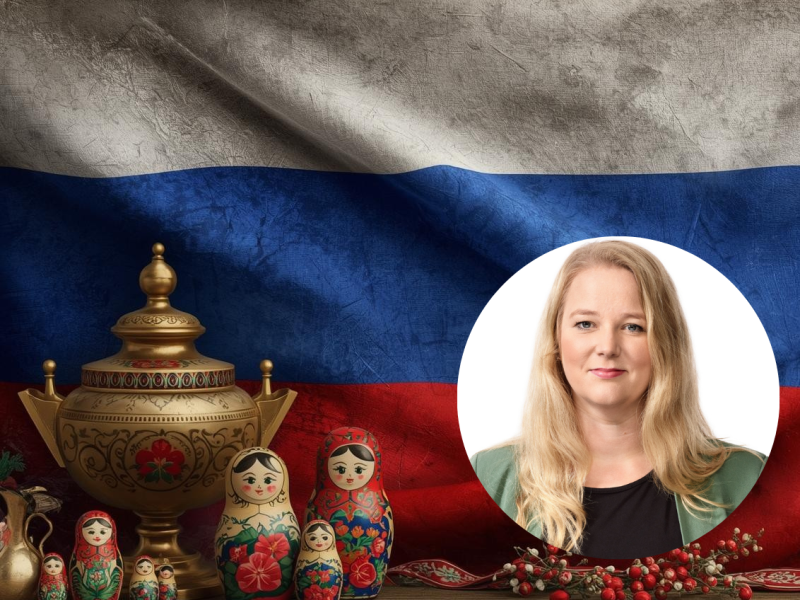 Foto af det russiske flag samt Kristine Amalie Rosgård